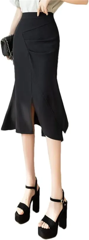 Women High Waist Sexy Split Patchwork Pleated Wrap Skirt Slim Cute Bodycon Fishtail Midi Skirts