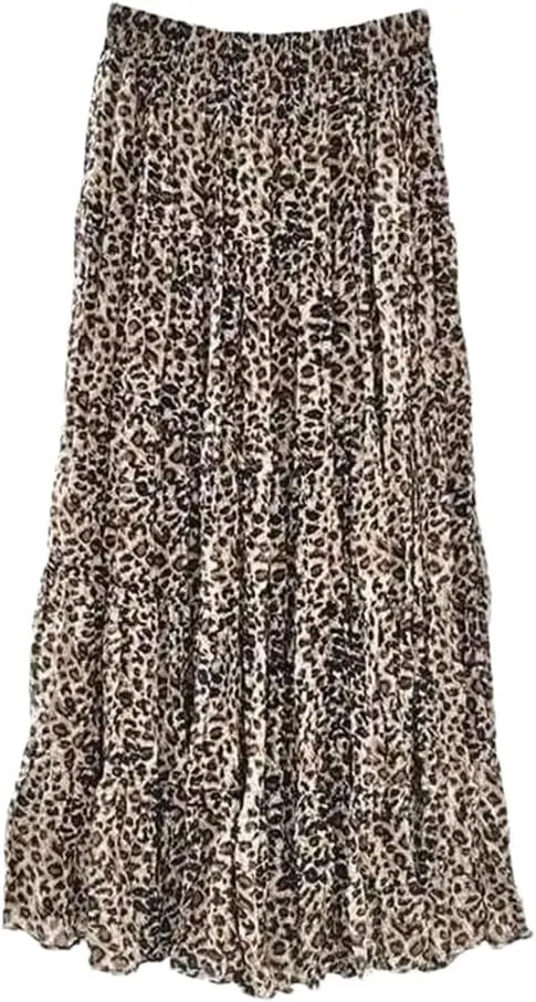 Women Leopard Print Midi Skirt Elastic High Waist A-Line Chiffon Pleated Long Skirts Summer