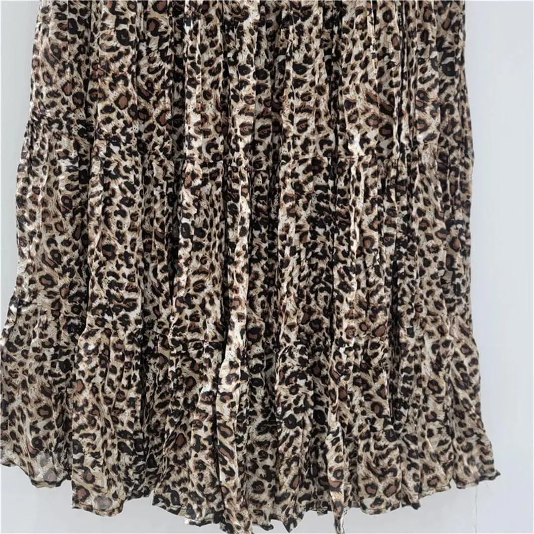 Women Leopard Print Midi Skirt Elastic High Waist A-Line Chiffon Pleated Long Skirts Summer