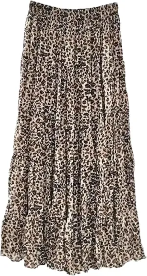 Women Leopard Print Midi Skirt Elastic High Waist A-Line Chiffon Pleated Long Skirts Summer