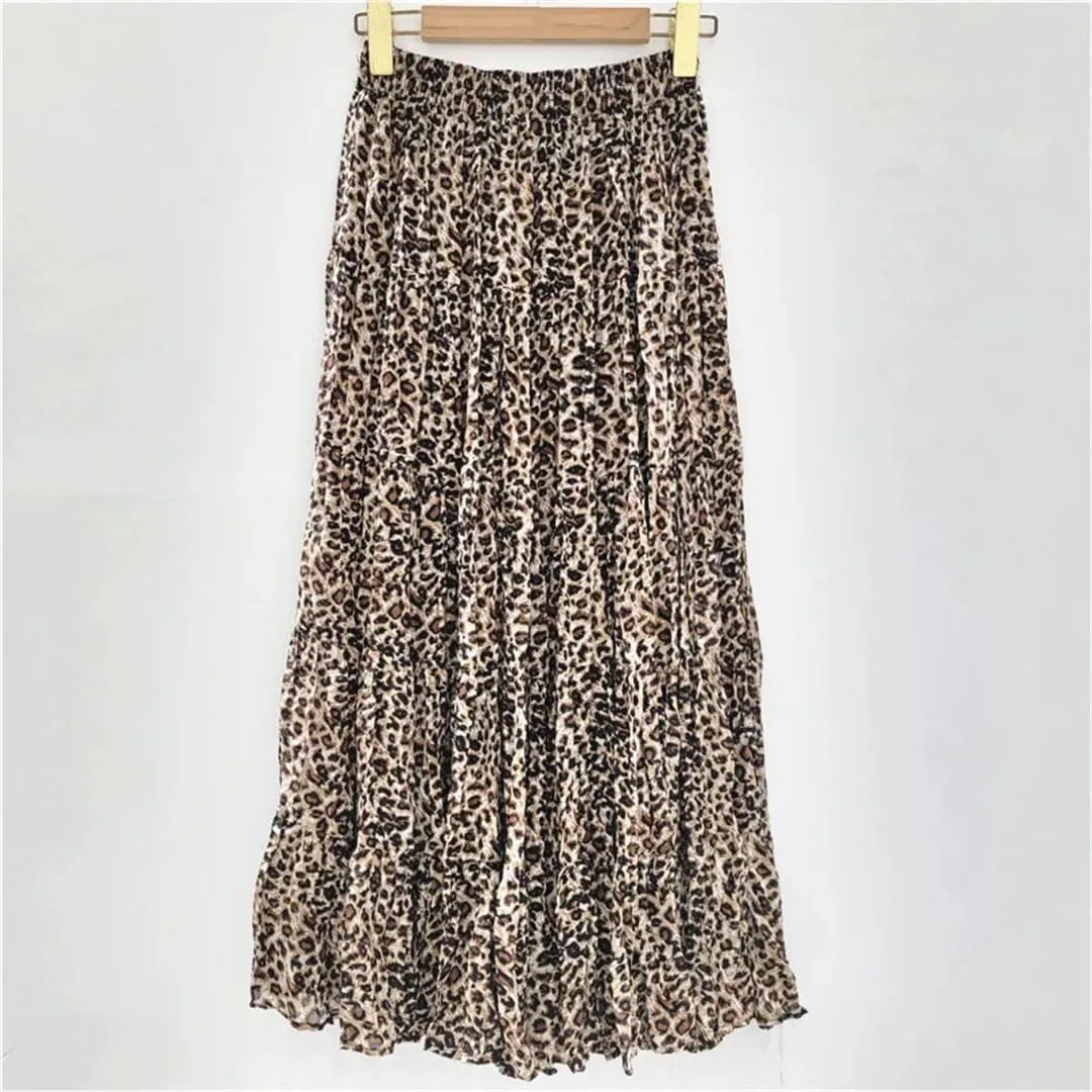 Women Leopard Print Midi Skirt Elastic High Waist A-Line Chiffon Pleated Long Skirts Summer