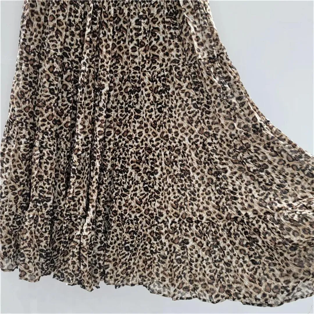 Women Leopard Print Midi Skirt Elastic High Waist A-Line Chiffon Pleated Long Skirts Summer