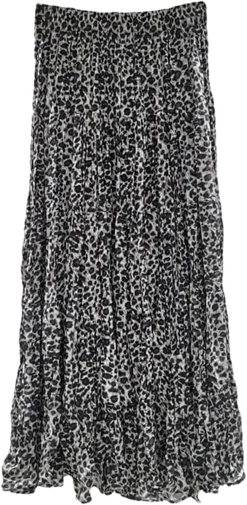 Women Leopard Print Midi Skirt Elastic High Waist A-Line Chiffon Pleated Long Skirts Summer