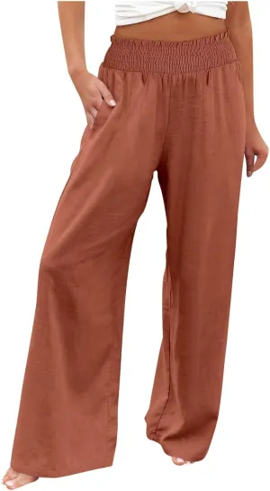 Women Linen Summer Breathable Palazzo Pants Low Waist Bootcut Slim-Fit Pants Business Work