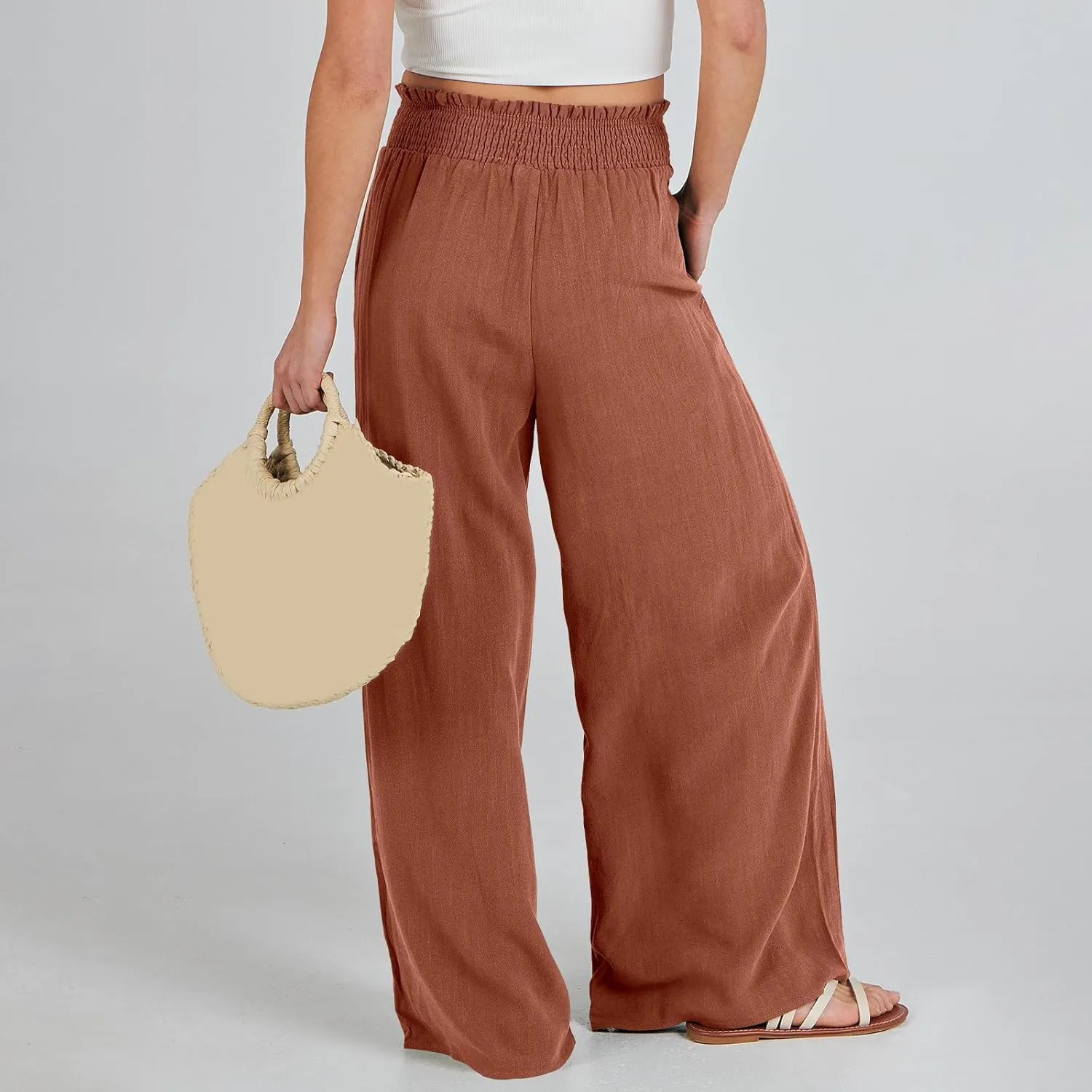Women Linen Summer Breathable Palazzo Pants Low Waist Bootcut Slim-Fit Pants Business Work