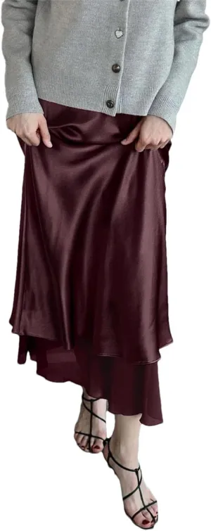Women Loose Wine Red Satin Casual High Waist Midi Skirts Elegant Classic Patchwork Skirt