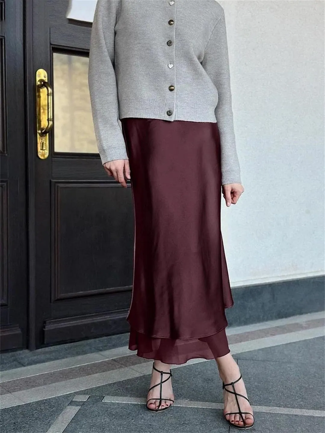 Women Loose Wine Red Satin Casual High Waist Midi Skirts Elegant Classic Patchwork Skirt