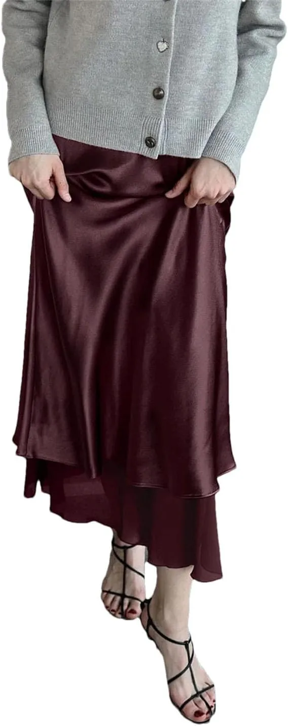 Women Loose Wine Red Satin Casual High Waist Midi Skirts Elegant Classic Patchwork Skirt
