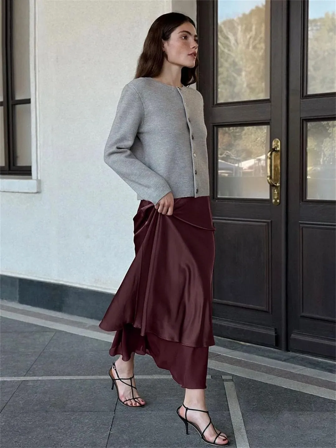 Women Loose Wine Red Satin Casual High Waist Midi Skirts Elegant Classic Patchwork Skirt