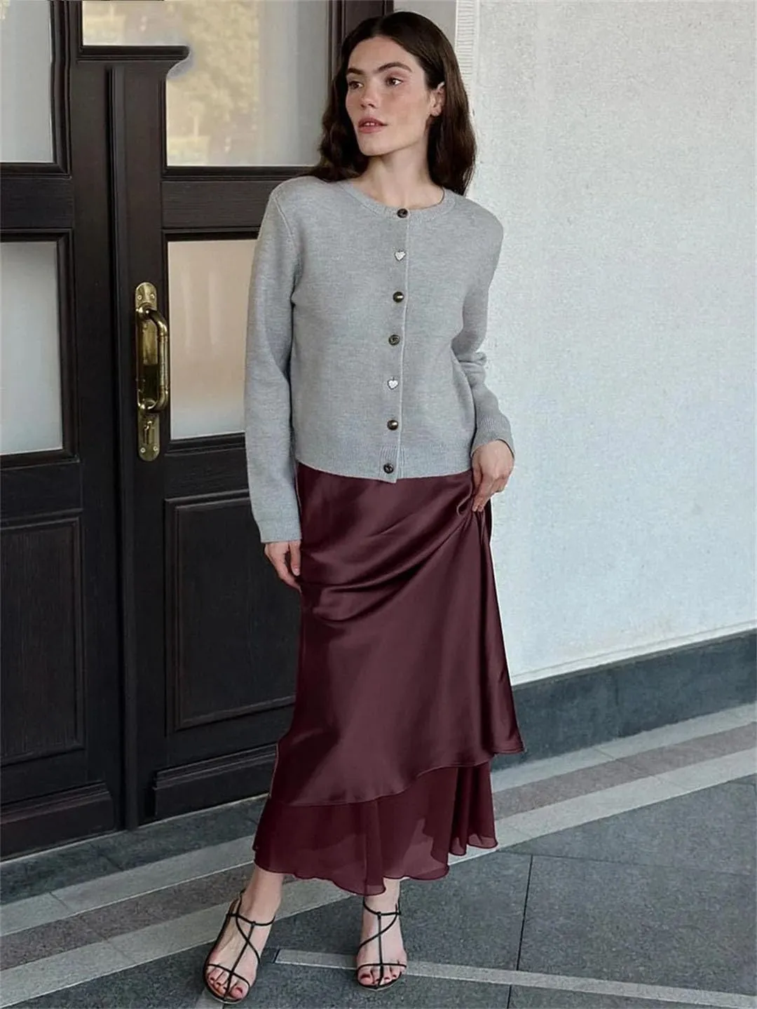 Women Loose Wine Red Satin Casual High Waist Midi Skirts Elegant Classic Patchwork Skirt