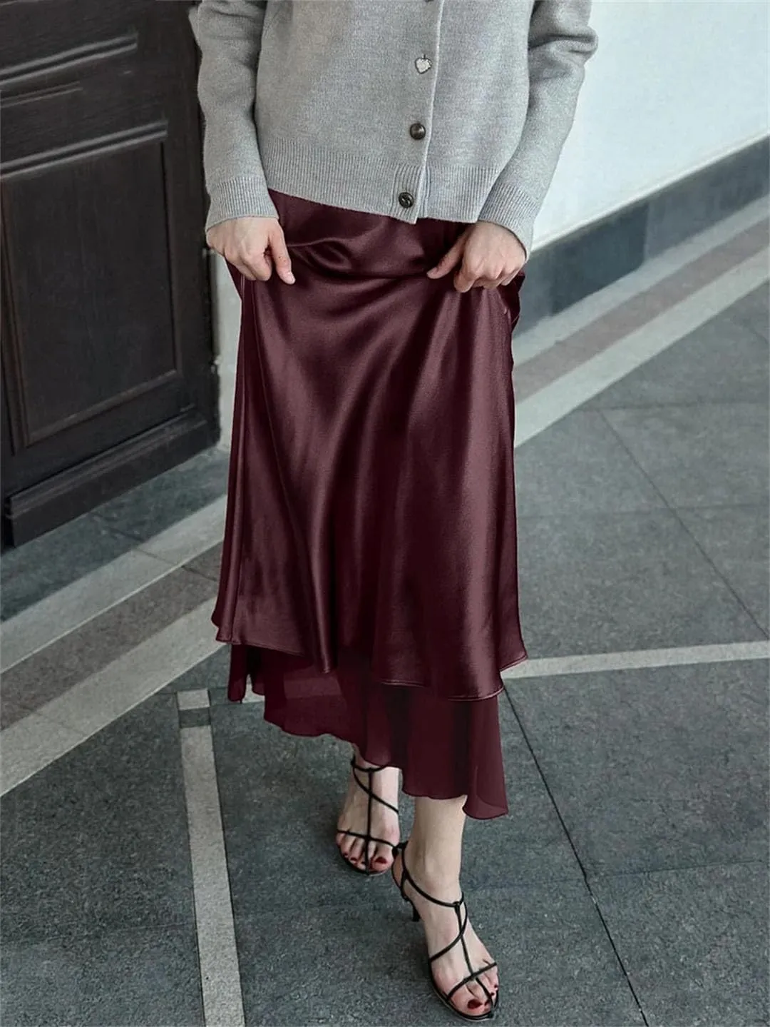 Women Loose Wine Red Satin Casual High Waist Midi Skirts Elegant Classic Patchwork Skirt