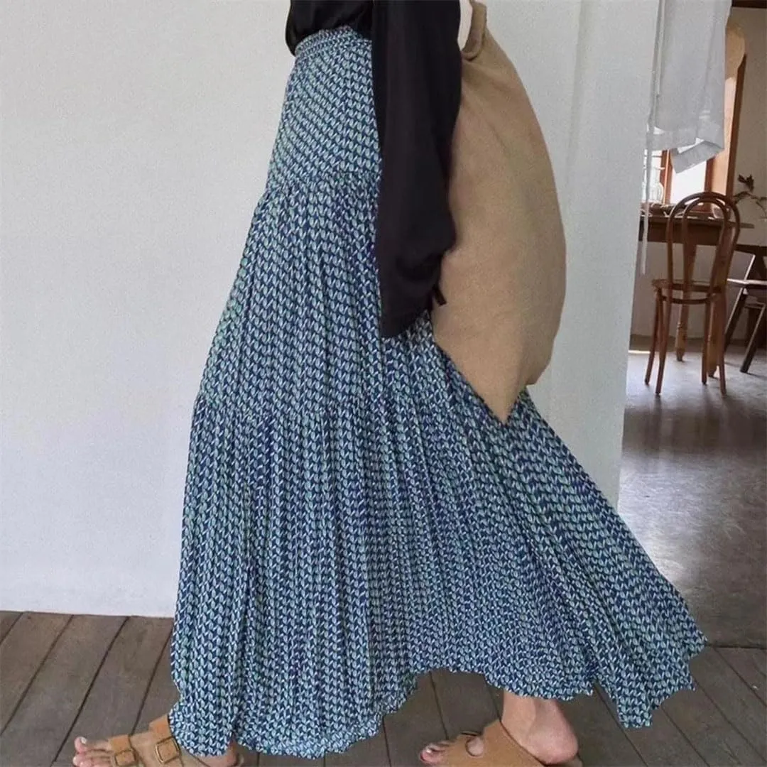 Women Midi Floral Printed Vintage Loose A-Line Korean Style High Waist Elegant Streetwear Casual Skirts