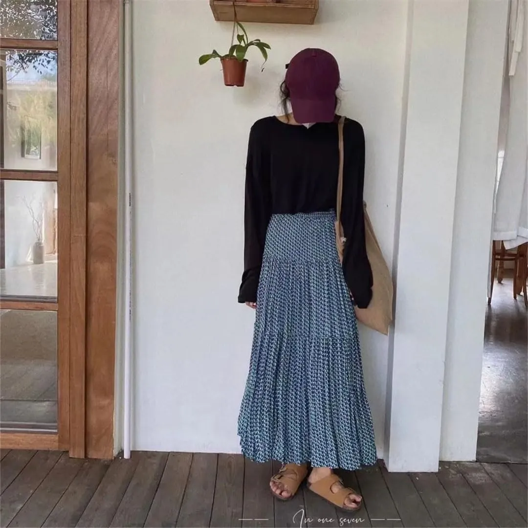 Women Midi Floral Printed Vintage Loose A-Line Korean Style High Waist Elegant Streetwear Casual Skirts