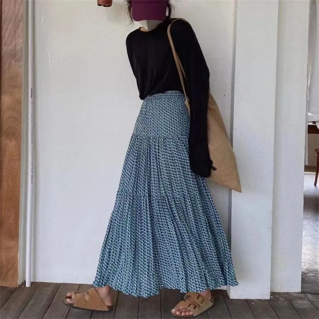 Women Midi Floral Printed Vintage Loose A-Line Korean Style High Waist Elegant Streetwear Casual Skirts