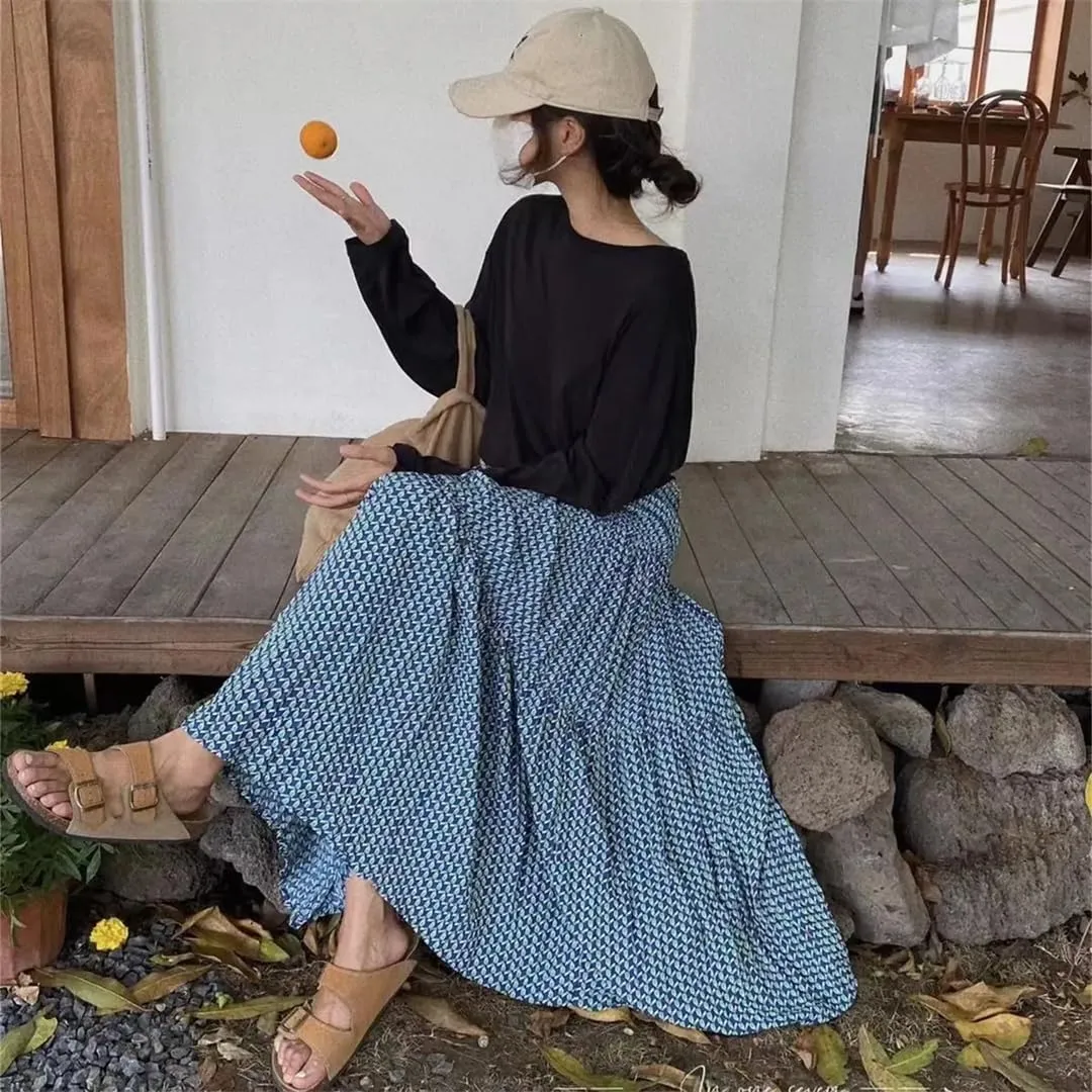 Women Midi Floral Printed Vintage Loose A-Line Korean Style High Waist Elegant Streetwear Casual Skirts