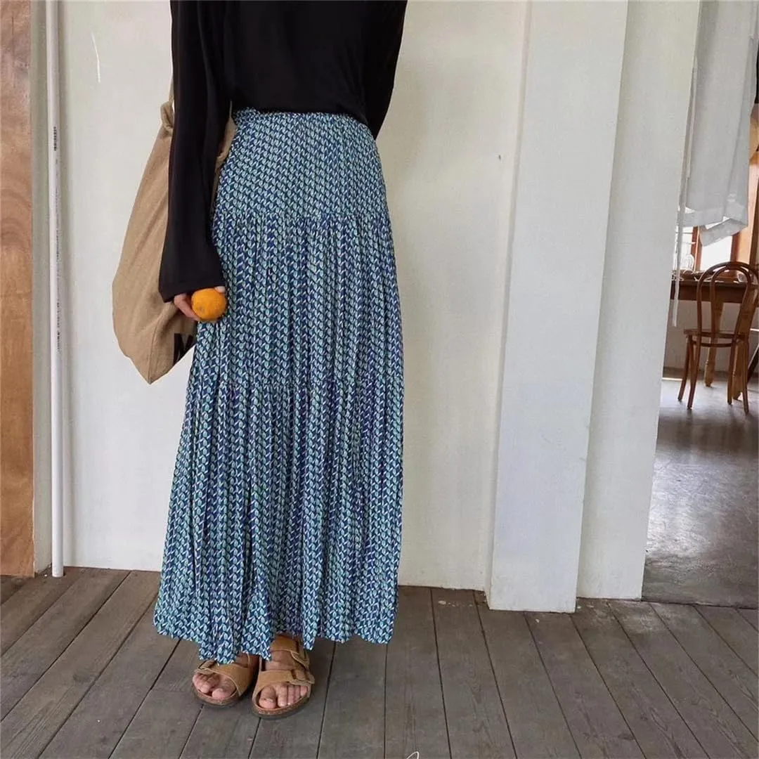 Women Midi Floral Printed Vintage Loose A-Line Korean Style High Waist Elegant Streetwear Casual Skirts