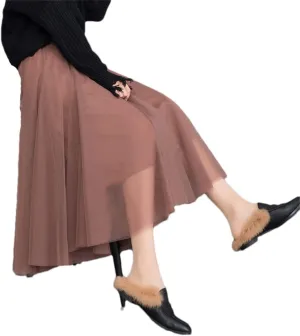 Women Solid Color Midi Long Tulle Skirt Bohemian Party Pleated Skirts