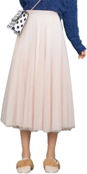 Women Solid Color Midi Long Tulle Skirt Bohemian Party Pleated Skirts