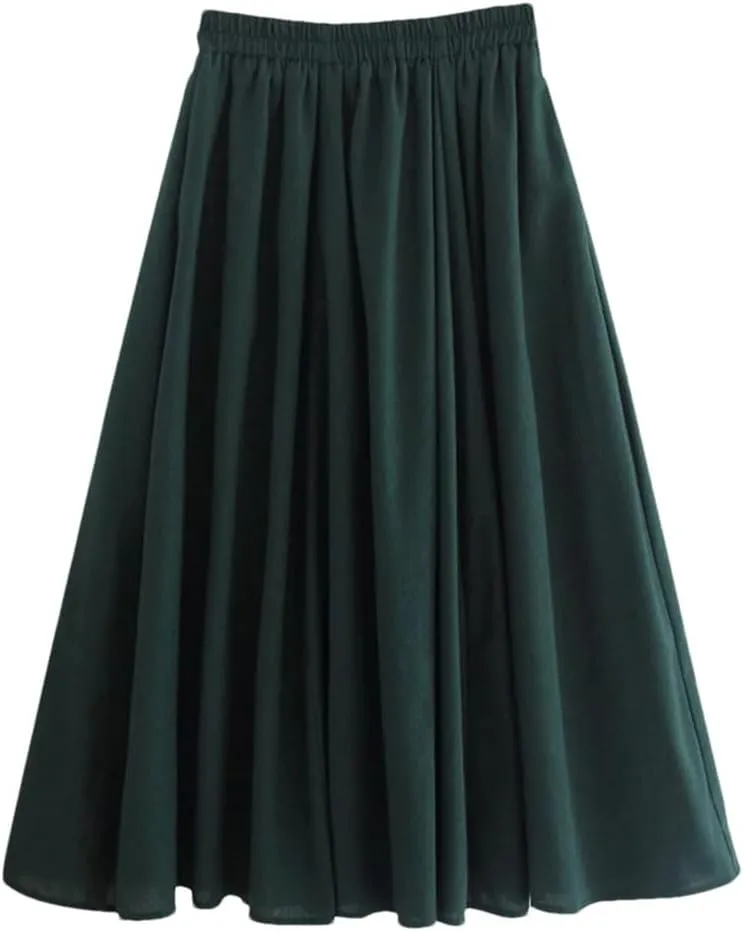 Women Solid Midi Pleated Skirts Summer Ladies Korean High Waist A Line School Style Long Skirt