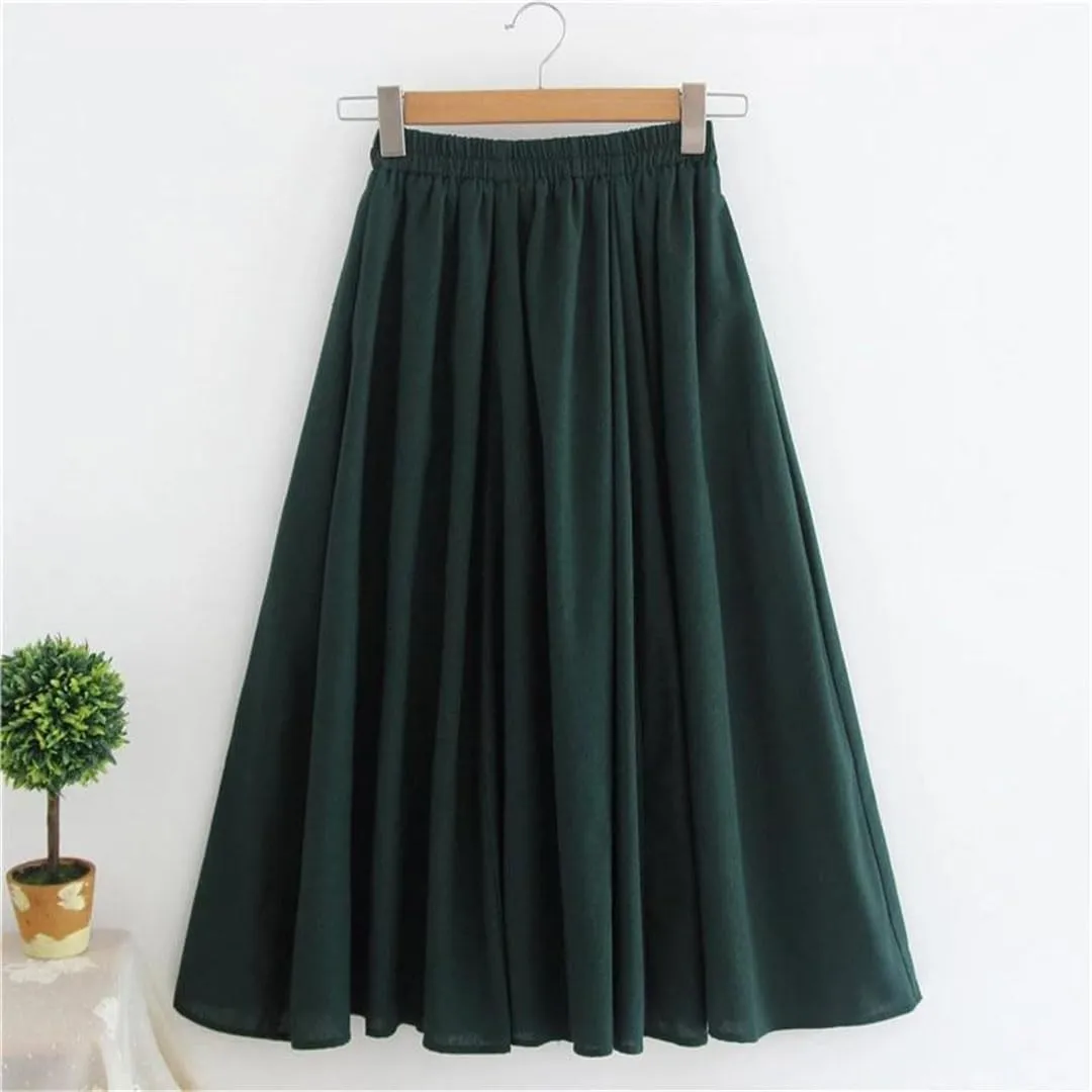 Women Solid Midi Pleated Skirts Summer Ladies Korean High Waist A Line School Style Long Skirt