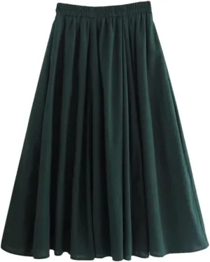 Women Solid Midi Pleated Skirts Summer Ladies Korean High Waist A Line School Style Long Skirt