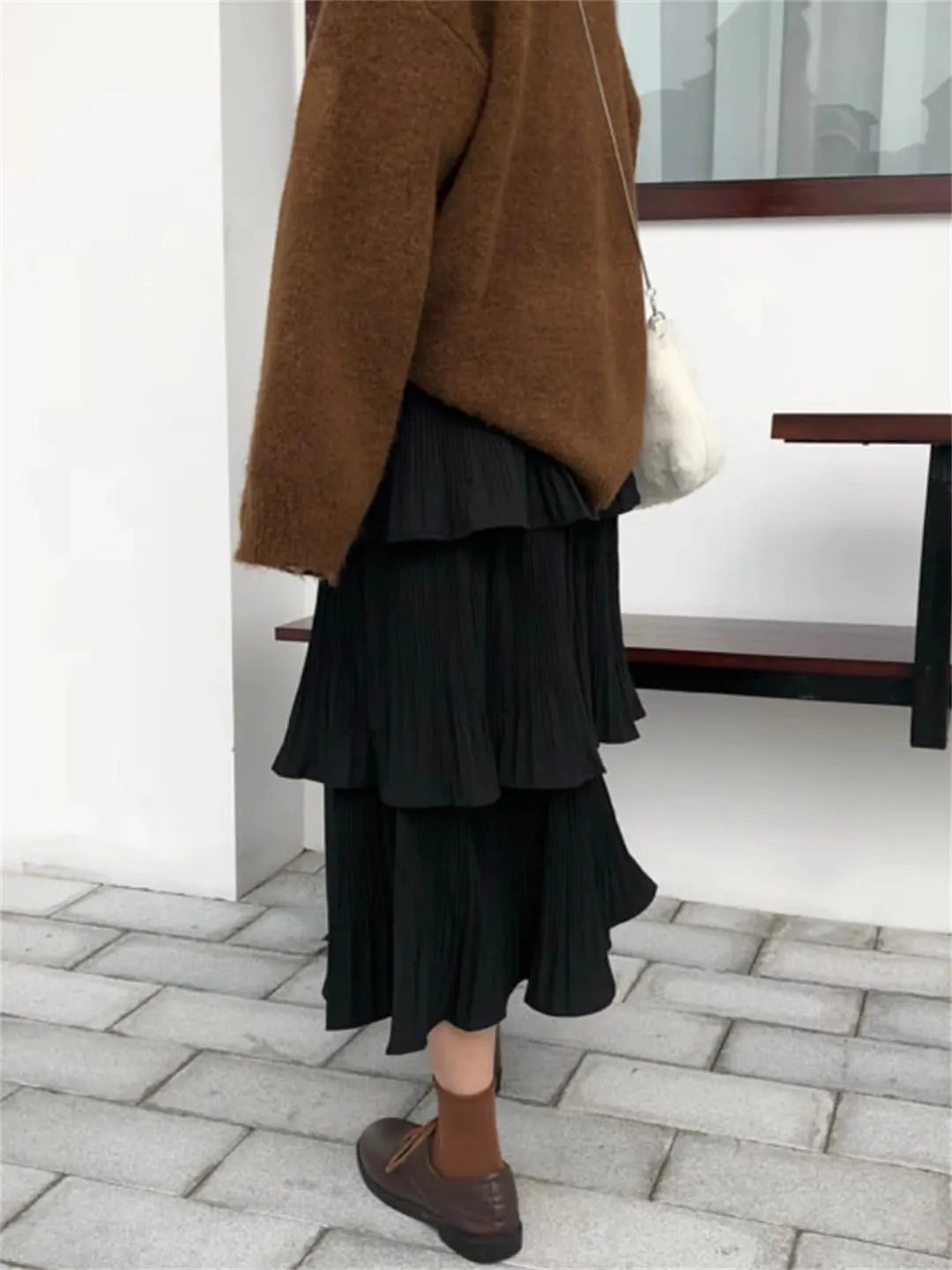 Women Spring Goth Lolita High Waisted High Low Ruched Ruffle Pleated Skirts Midi Long Skirt