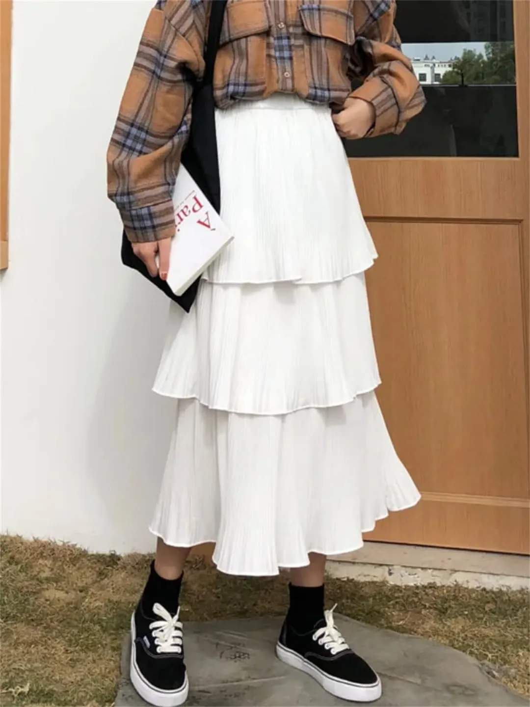 Women Spring Goth Lolita High Waisted High Low Ruched Ruffle Pleated Skirts Midi Long Skirt