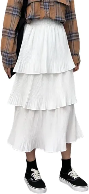 Women Spring Goth Lolita High Waisted High Low Ruched Ruffle Pleated Skirts Midi Long Skirt
