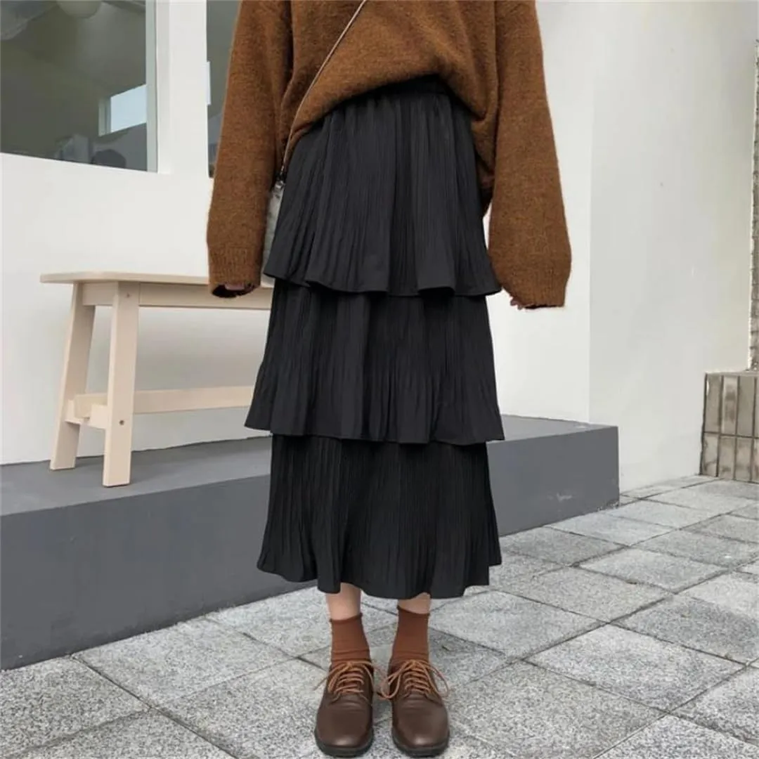 Women Spring Goth Lolita High Waisted High Low Ruched Ruffle Pleated Skirts Midi Long Skirt