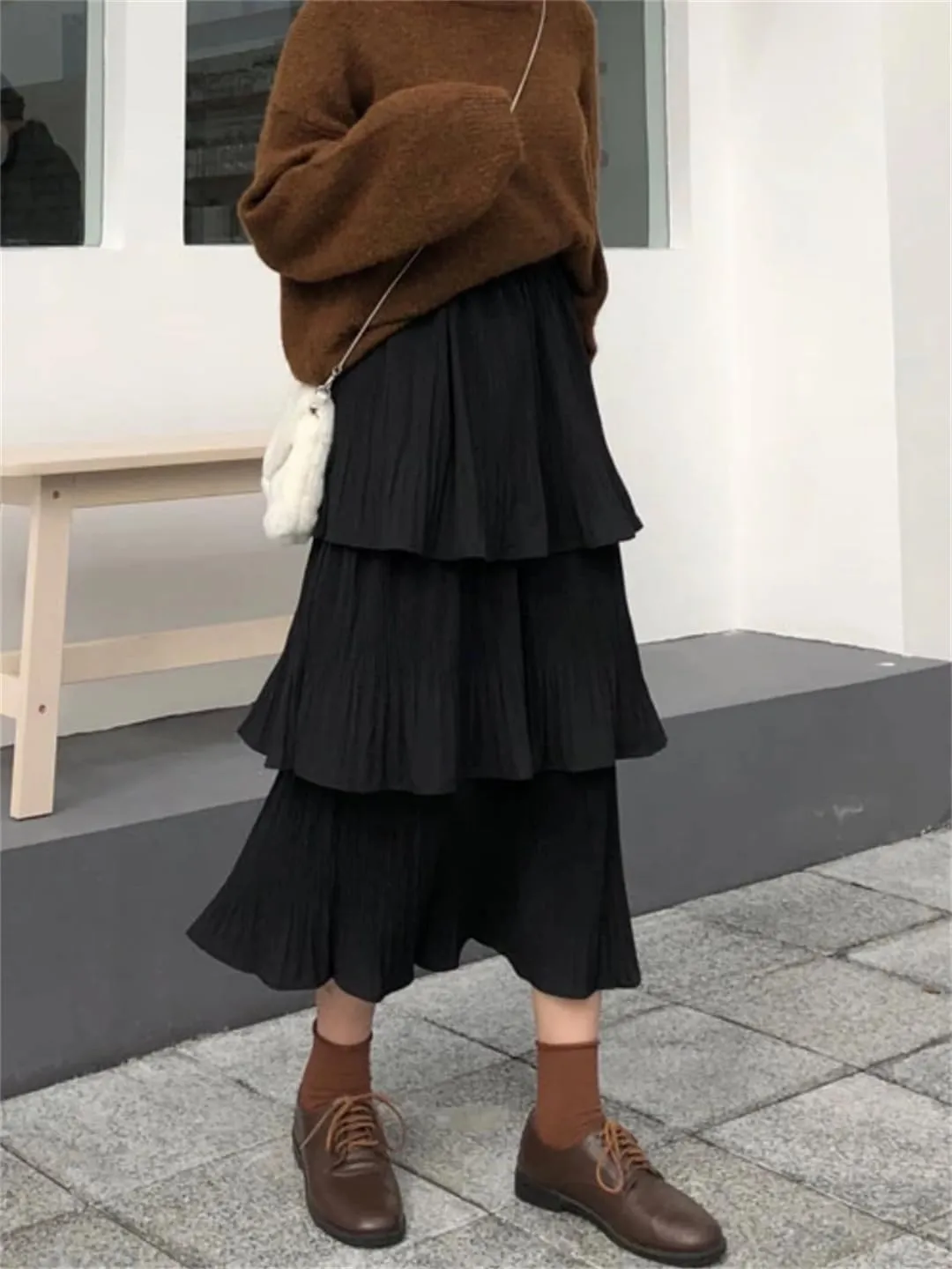 Women Spring Goth Lolita High Waisted High Low Ruched Ruffle Pleated Skirts Midi Long Skirt