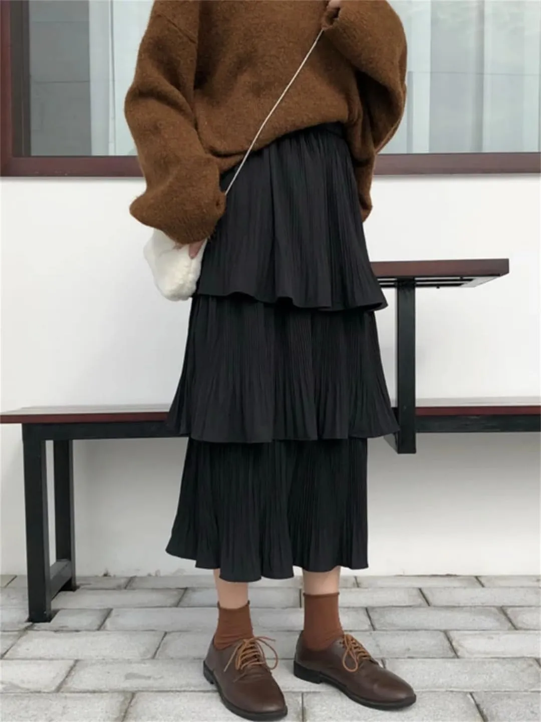 Women Spring Goth Lolita High Waisted High Low Ruched Ruffle Pleated Skirts Midi Long Skirt