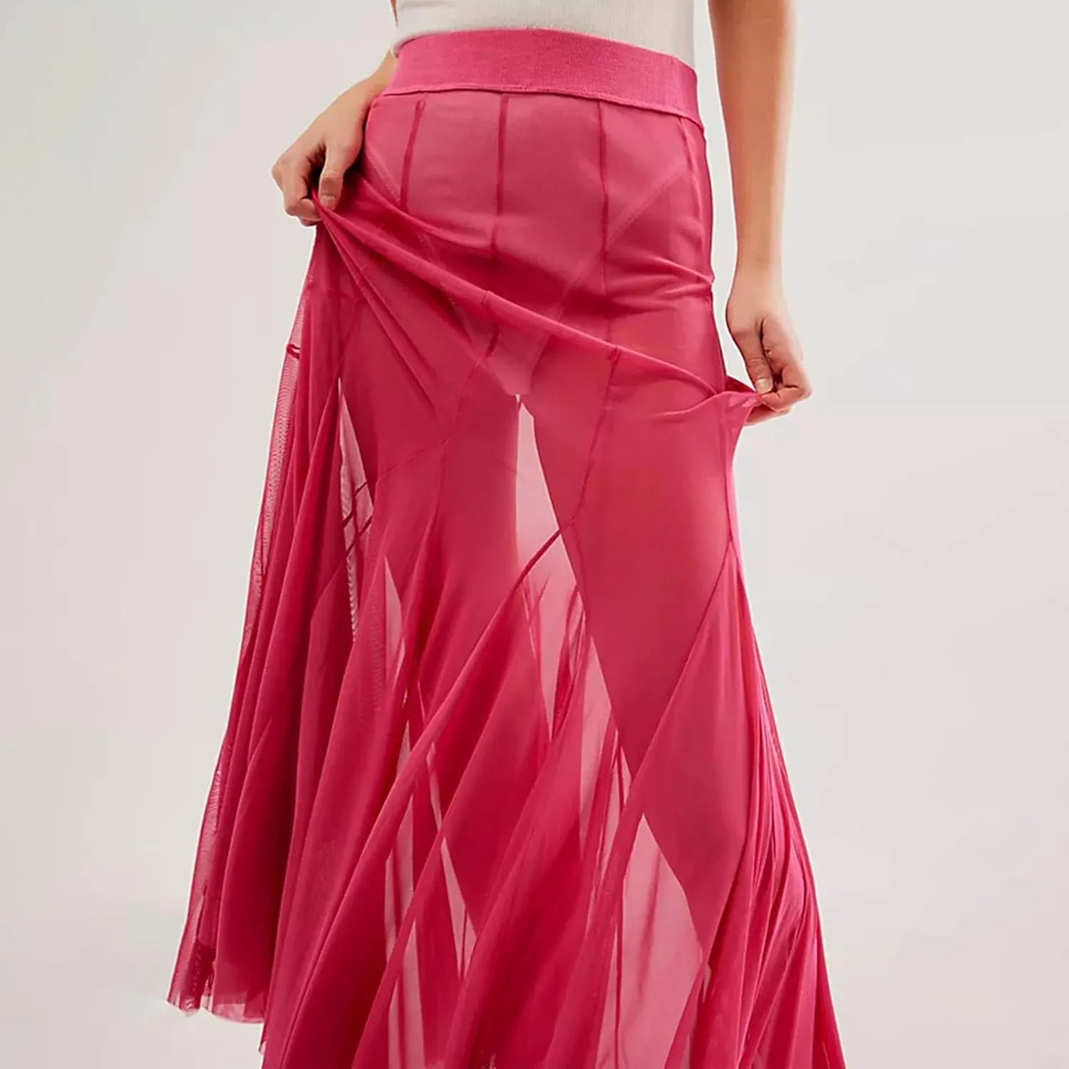 Women Summer Maxi Skirts Sheer Mesh See Through Midi Skirt High Waist Swimsuit Cover Up Y2k Beach Flowy Long Skirt