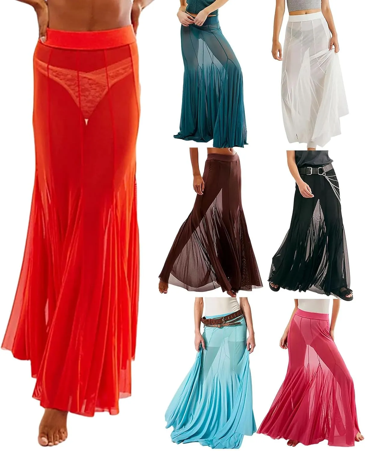 Women Summer Maxi Skirts Sheer Mesh See Through Midi Skirt High Waist Swimsuit Cover Up Y2k Beach Flowy Long Skirt