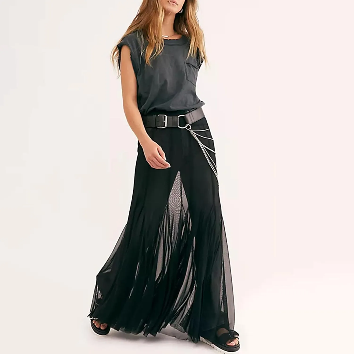 Women Summer Maxi Skirts Sheer Mesh See Through Midi Skirt High Waist Swimsuit Cover Up Y2k Beach Flowy Long Skirt