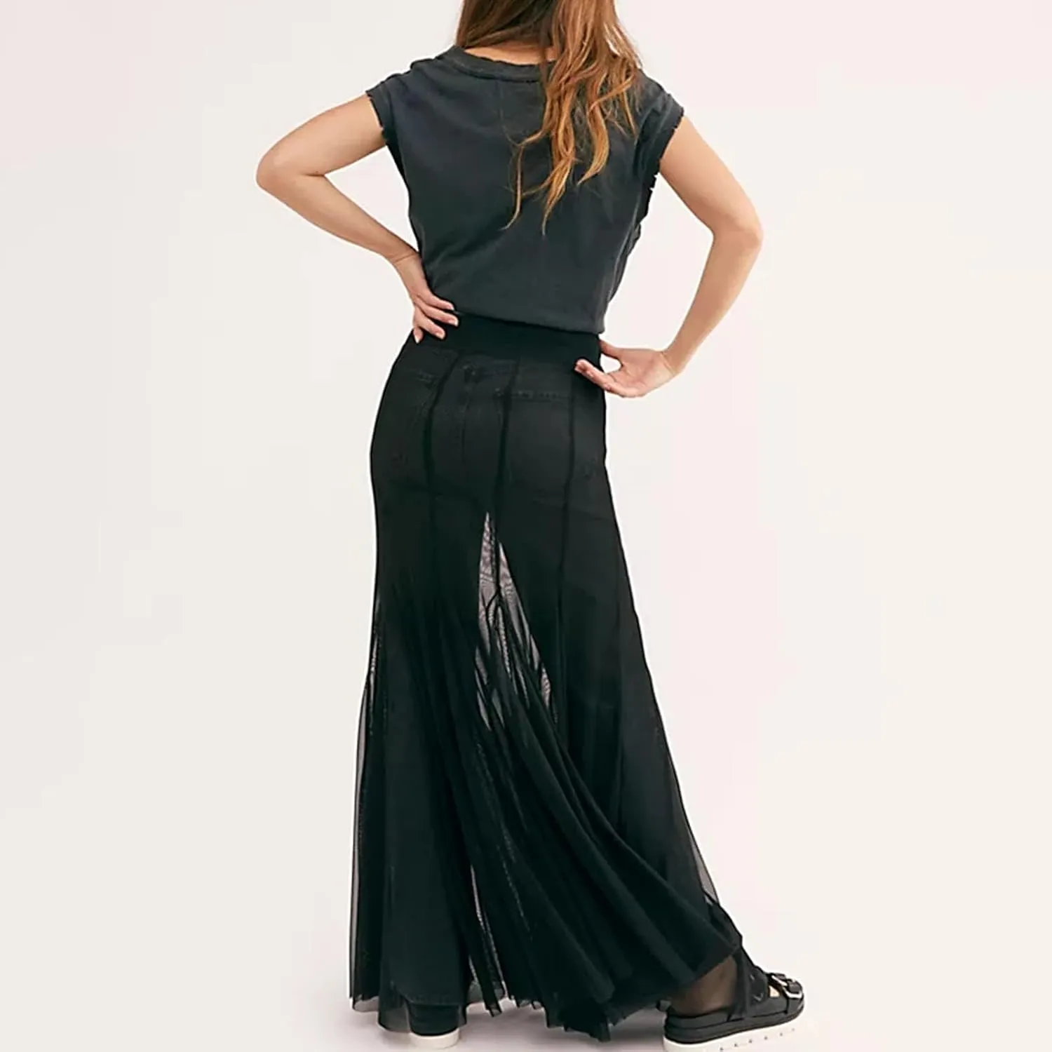 Women Summer Maxi Skirts Sheer Mesh See Through Midi Skirt High Waist Swimsuit Cover Up Y2k Beach Flowy Long Skirt