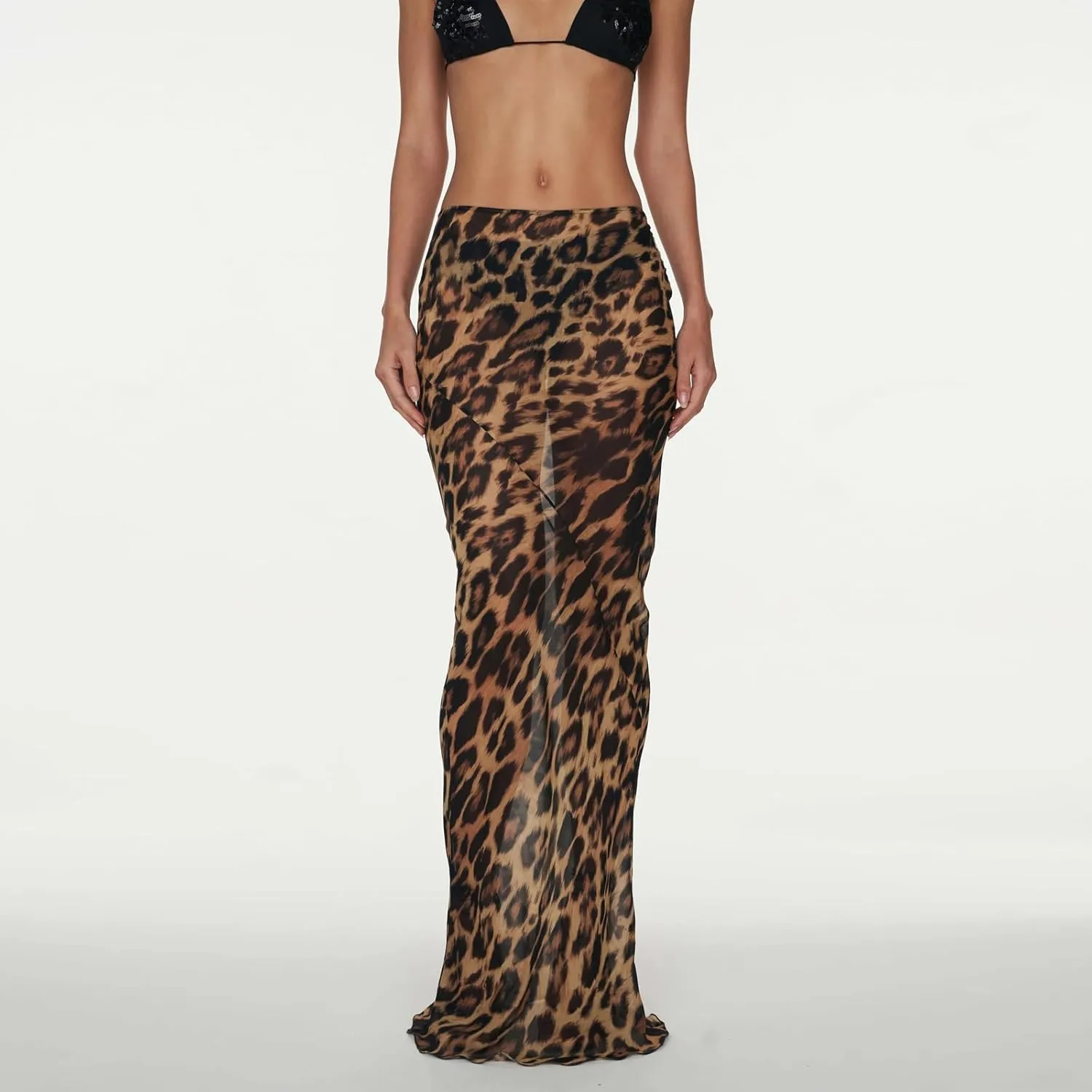 Women Summer Maxi Skirts Sheer Mesh See Through Midi Skirt High Waist Swimsuit Cover Up Y2k Beach Flowy Long Skirt