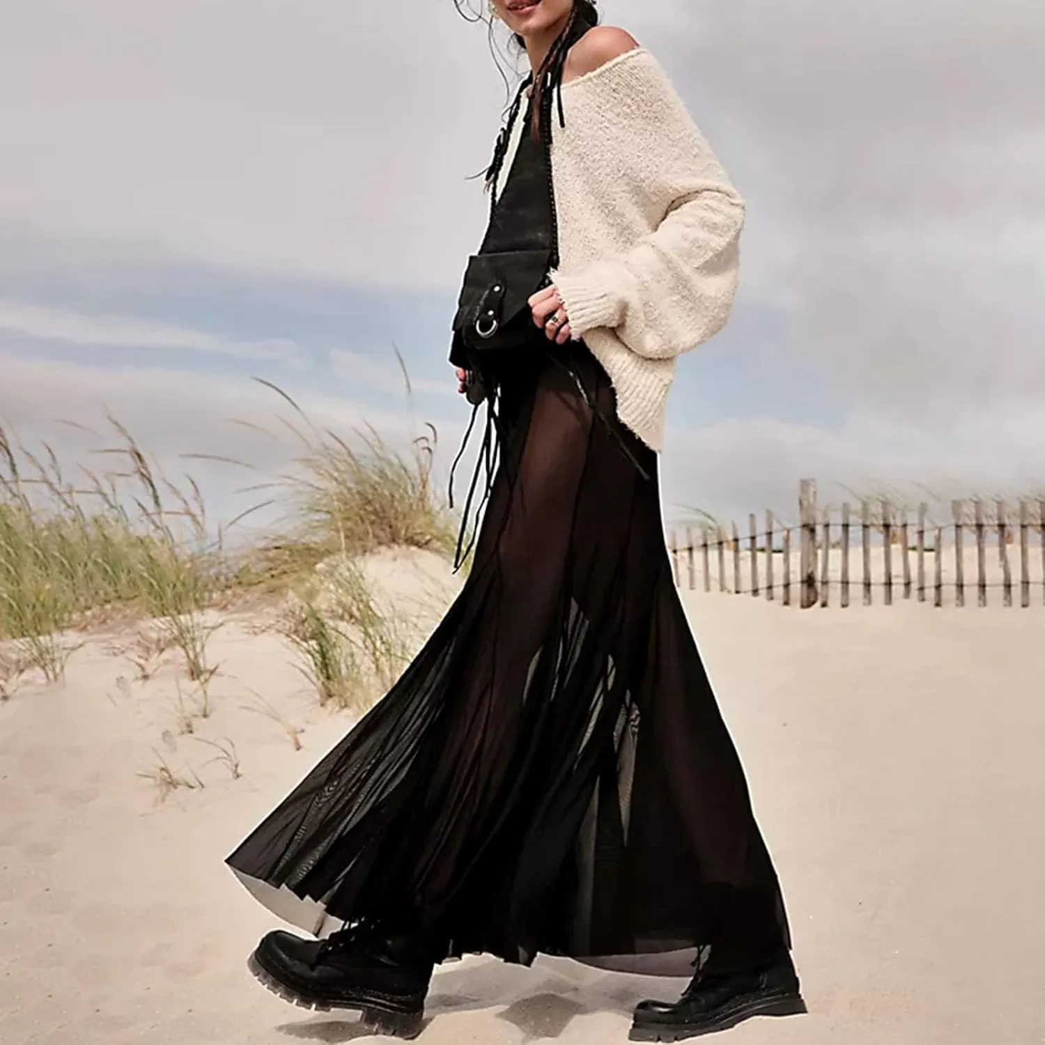 Women Summer Maxi Skirts Sheer Mesh See Through Midi Skirt High Waist Swimsuit Cover Up Y2k Beach Flowy Long Skirt