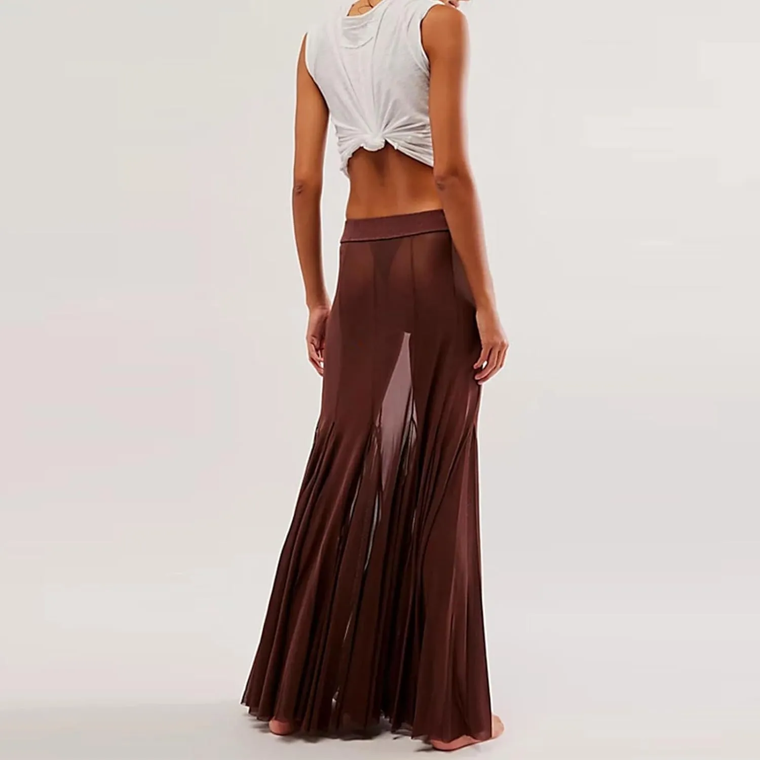 Women Summer Maxi Skirts Sheer Mesh See Through Midi Skirt High Waist Swimsuit Cover Up Y2k Beach Flowy Long Skirt