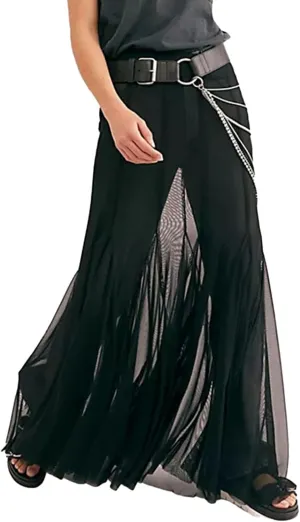 Women Summer Maxi Skirts Sheer Mesh See Through Midi Skirt High Waist Swimsuit Cover Up Y2k Beach Flowy Long Skirt