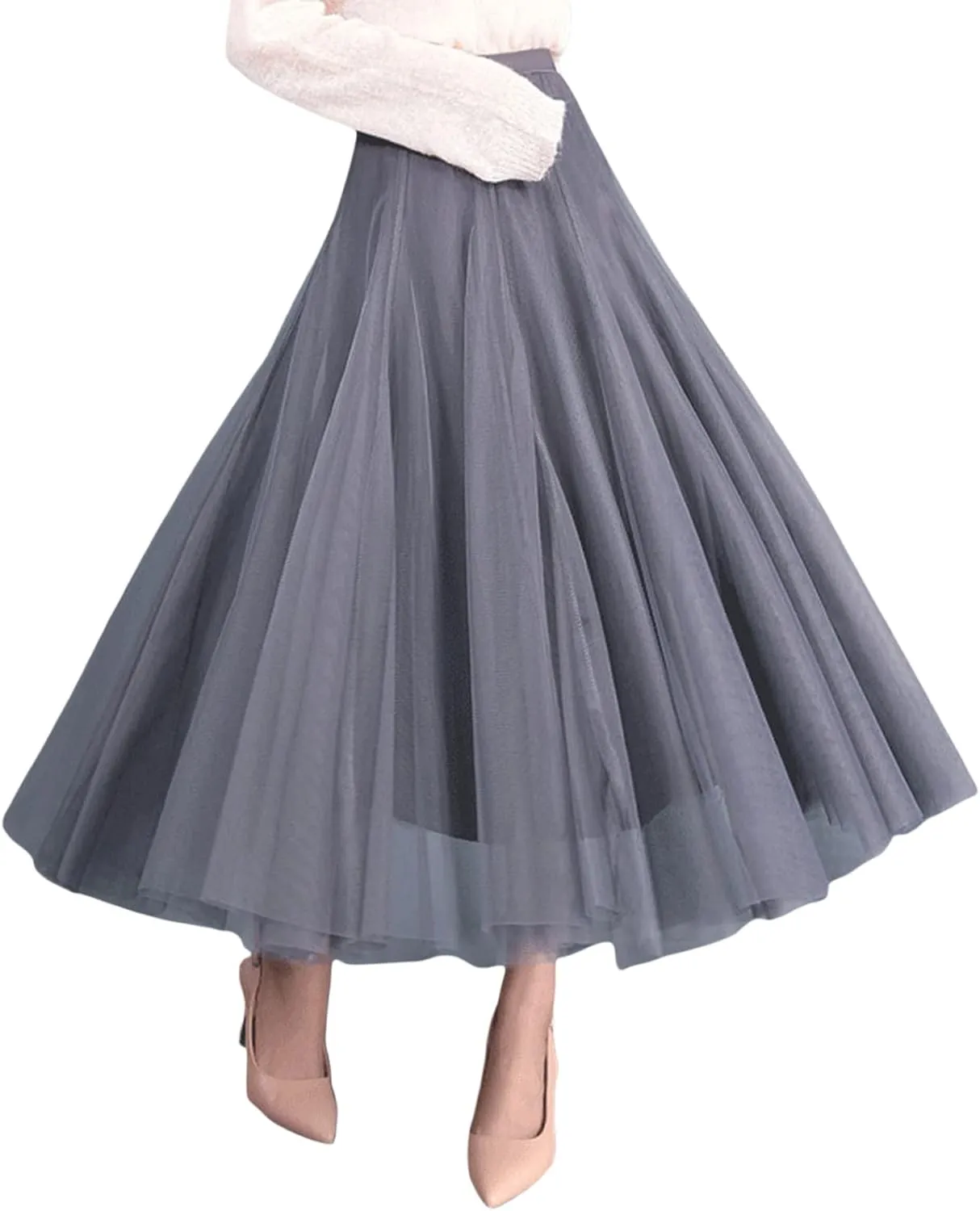Women Tulle Tutu Midi Skirts Solid Color Layered Pleated A-Line Skirts Elastic Waist Mesh Long Skirts