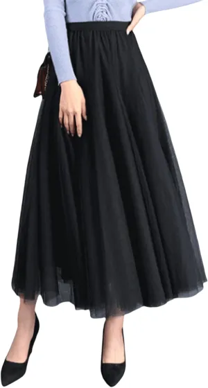Women Tulle Tutu Midi Skirts Solid Color Layered Pleated A-Line Skirts Elastic Waist Mesh Long Skirts