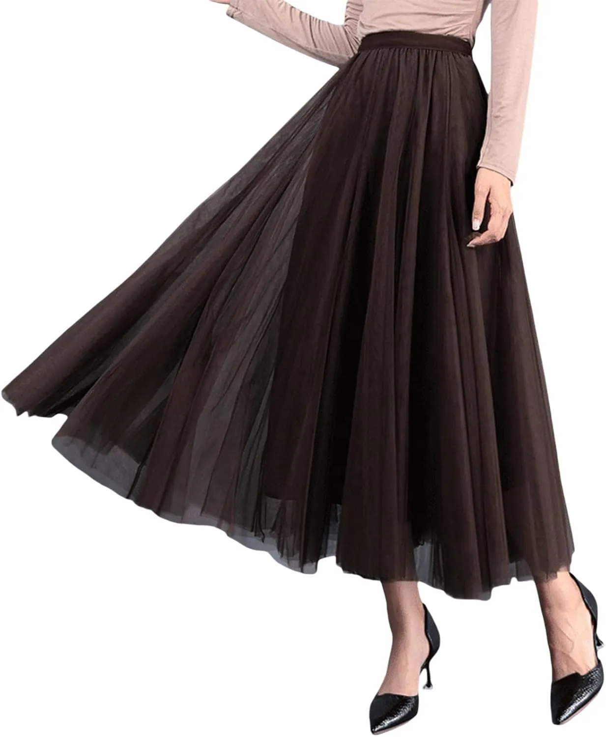 Women Tulle Tutu Midi Skirts Solid Color Layered Pleated A-Line Skirts Elastic Waist Mesh Long Skirts