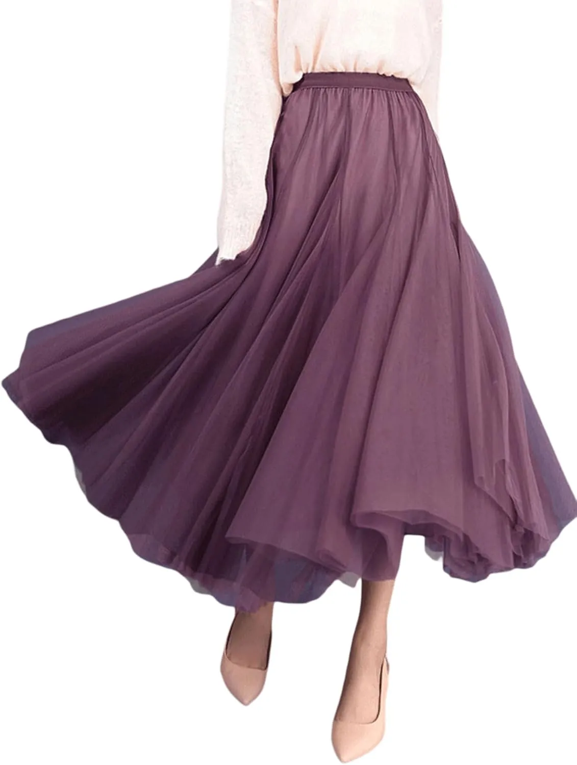 Women Tulle Tutu Midi Skirts Solid Color Layered Pleated A-Line Skirts Elastic Waist Mesh Long Skirts
