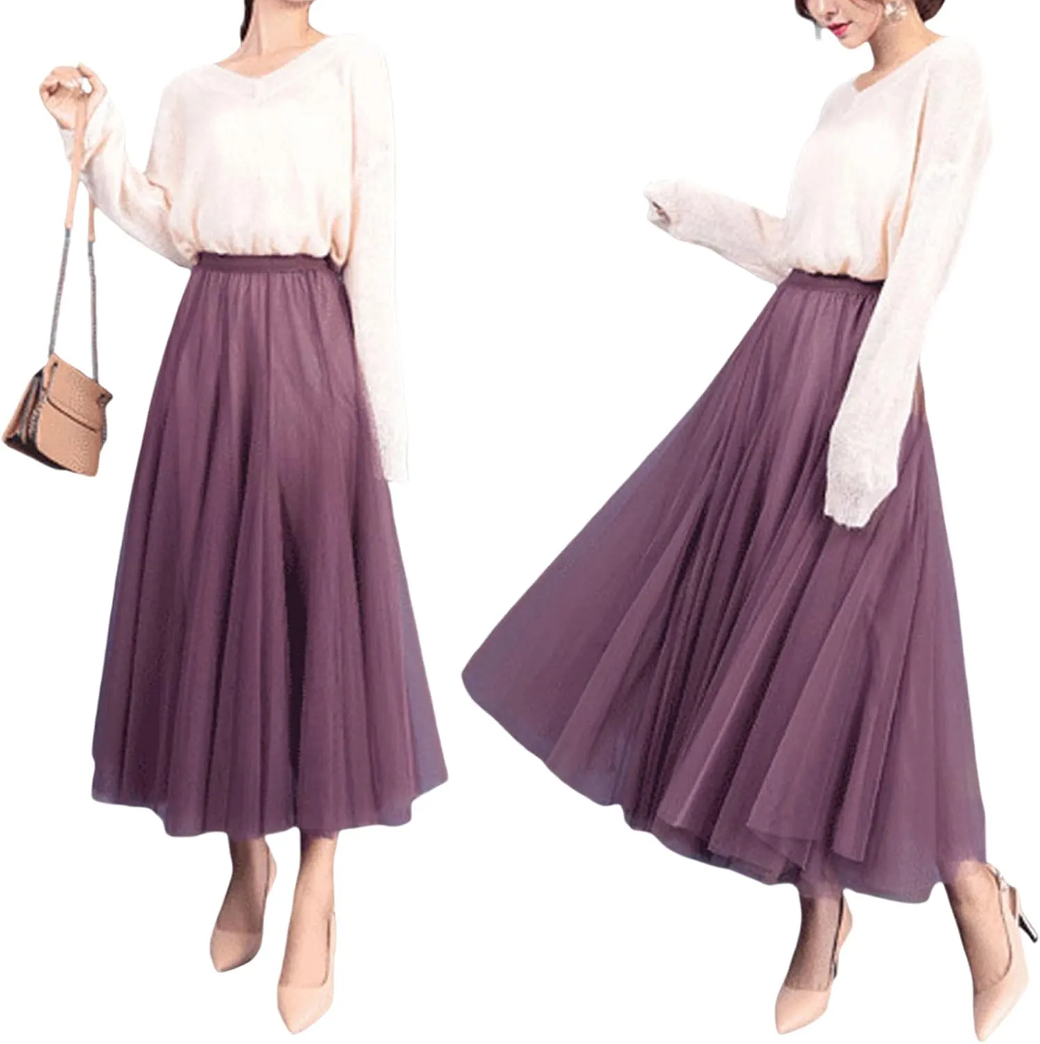 Women Tulle Tutu Midi Skirts Solid Color Layered Pleated A-Line Skirts Elastic Waist Mesh Long Skirts