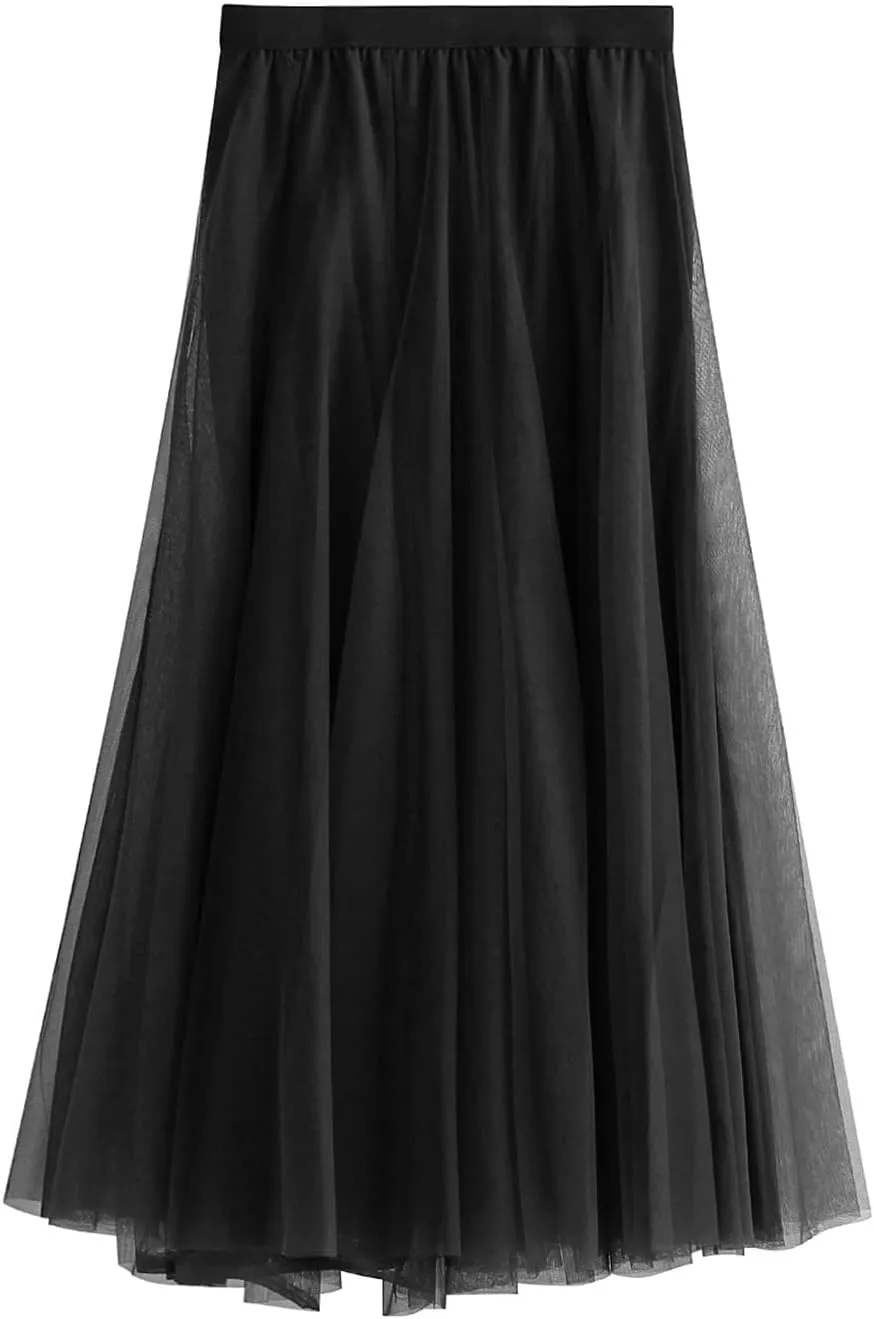 Women Tulle Tutu Midi Skirts Solid Color Layered Pleated A-Line Skirts Elastic Waist Mesh Long Skirts