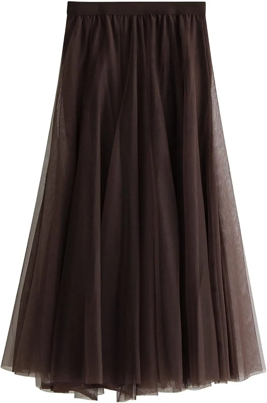Women Tulle Tutu Midi Skirts Solid Color Layered Pleated A-Line Skirts Elastic Waist Mesh Long Skirts