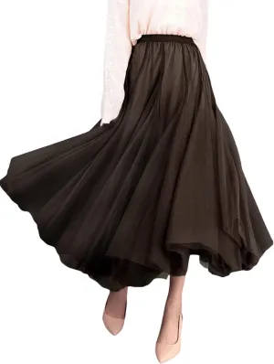 Women Tulle Tutu Midi Skirts Solid Color Layered Pleated A-Line Skirts Elastic Waist Mesh Long Skirts