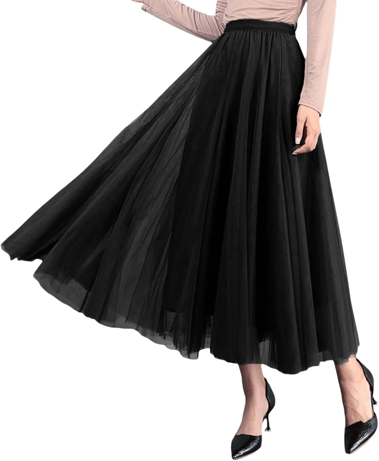 Women Tulle Tutu Midi Skirts Solid Color Layered Pleated A-Line Skirts Elastic Waist Mesh Long Skirts