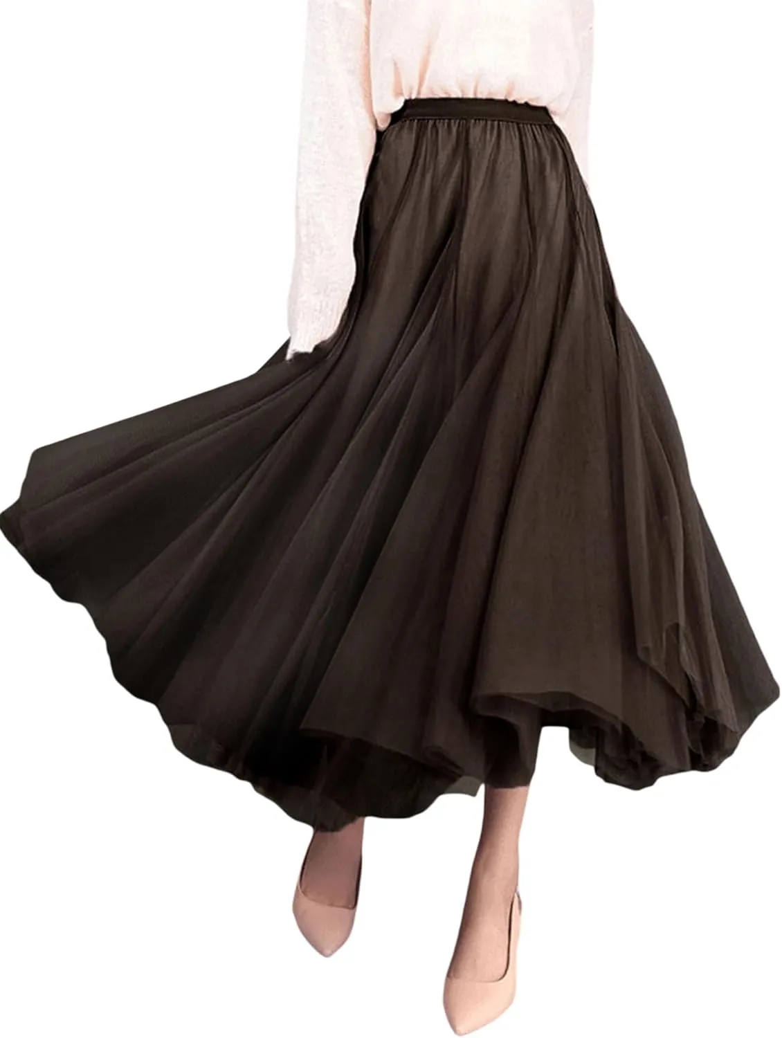 Women Tulle Tutu Midi Skirts Solid Color Layered Pleated A-Line Skirts Elastic Waist Mesh Long Skirts