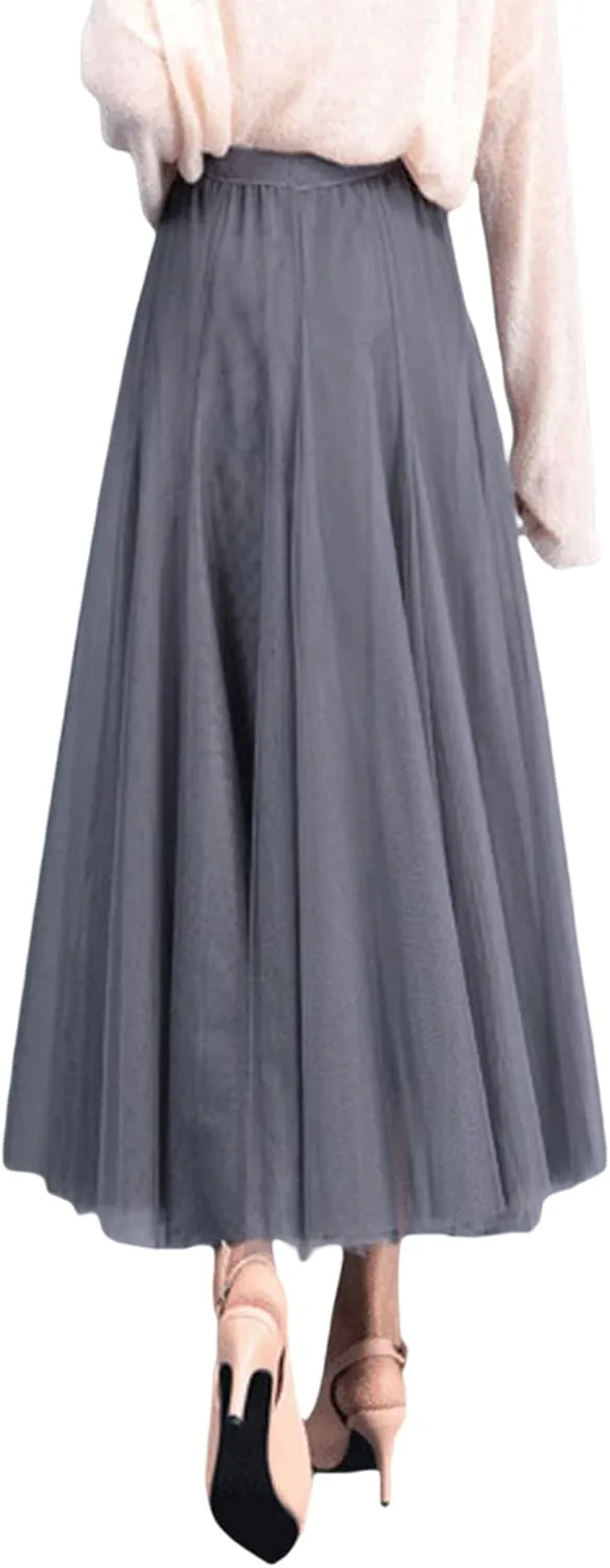 Women Tulle Tutu Midi Skirts Solid Color Layered Pleated A-Line Skirts Elastic Waist Mesh Long Skirts
